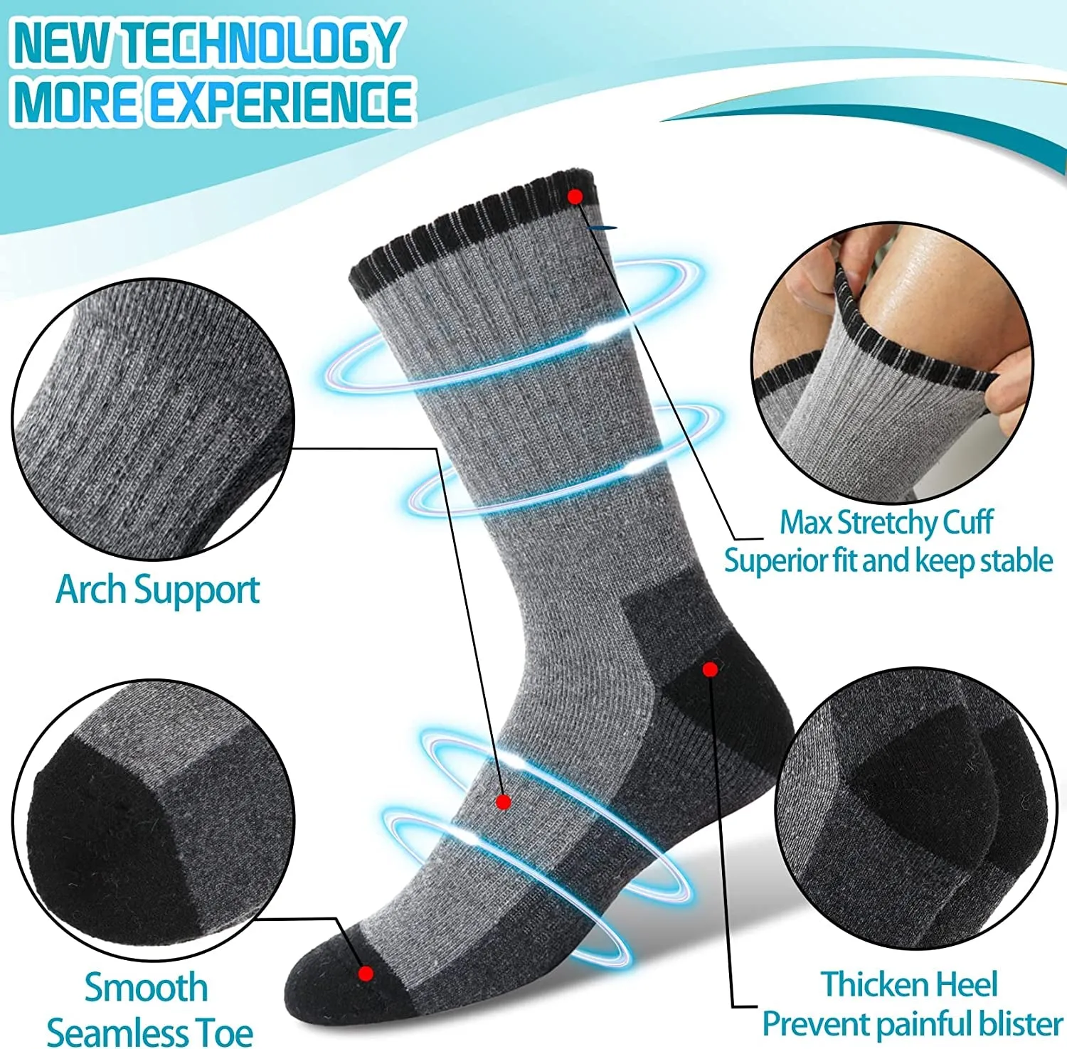 4 Pairs 70% Merino Wool Hiking Socks for Men & Women Winter Thermal Moisture Wicking Full Cushion Boot Socks