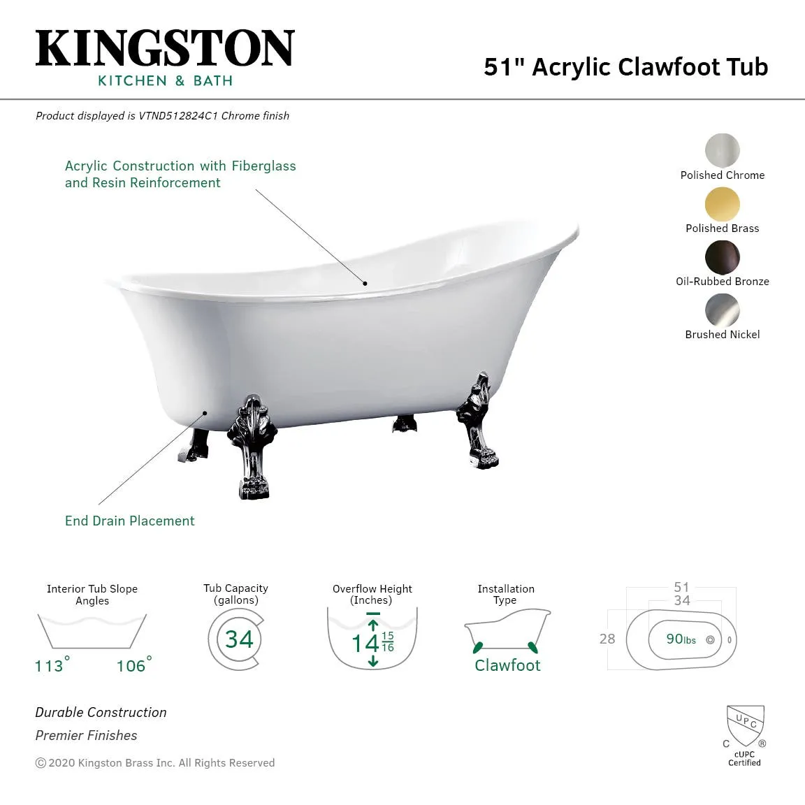 51-Inch Acrylic Single Slipper Clawfoot Tub (No Faucet Drillings)