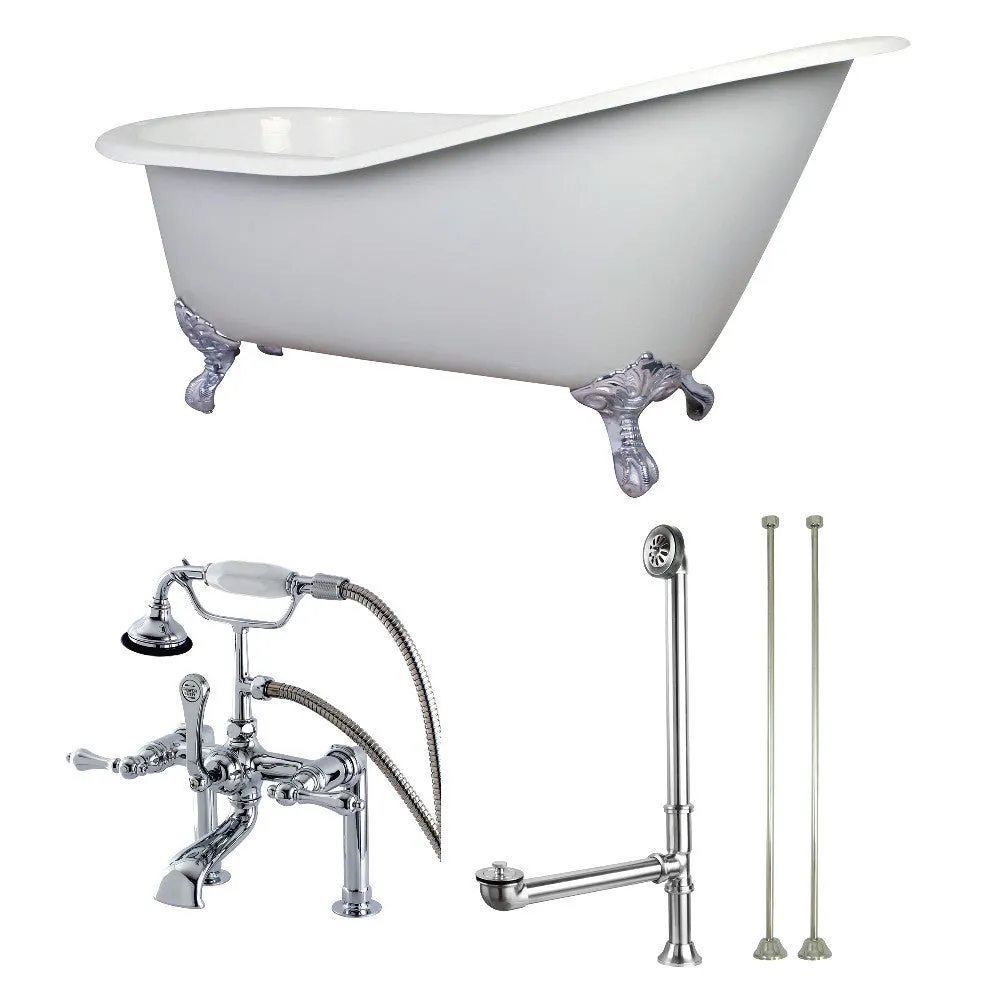 62-Inch Cast Iron Single Slipper Clawfoot Tub Combo W/ Faucet and Supply Lines