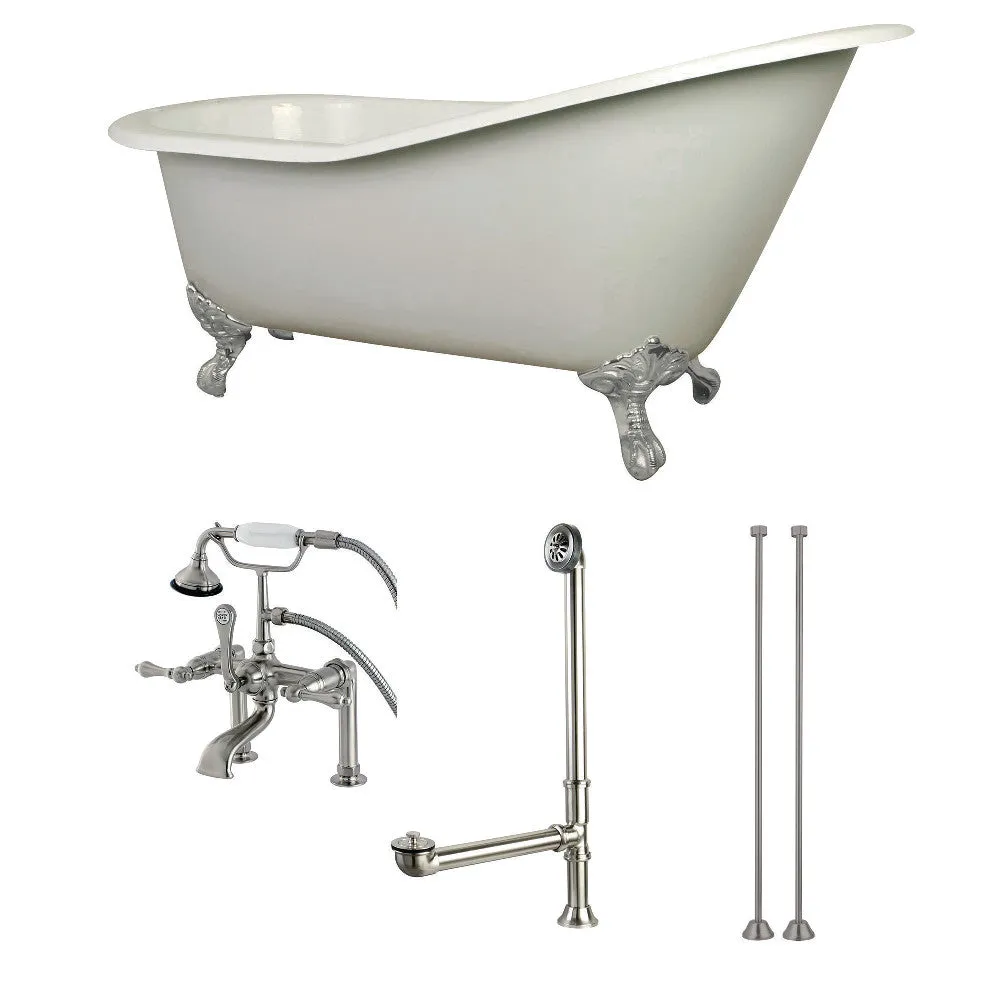 62-Inch Cast Iron Single Slipper Clawfoot Tub Combo W/ Faucet and Supply Lines