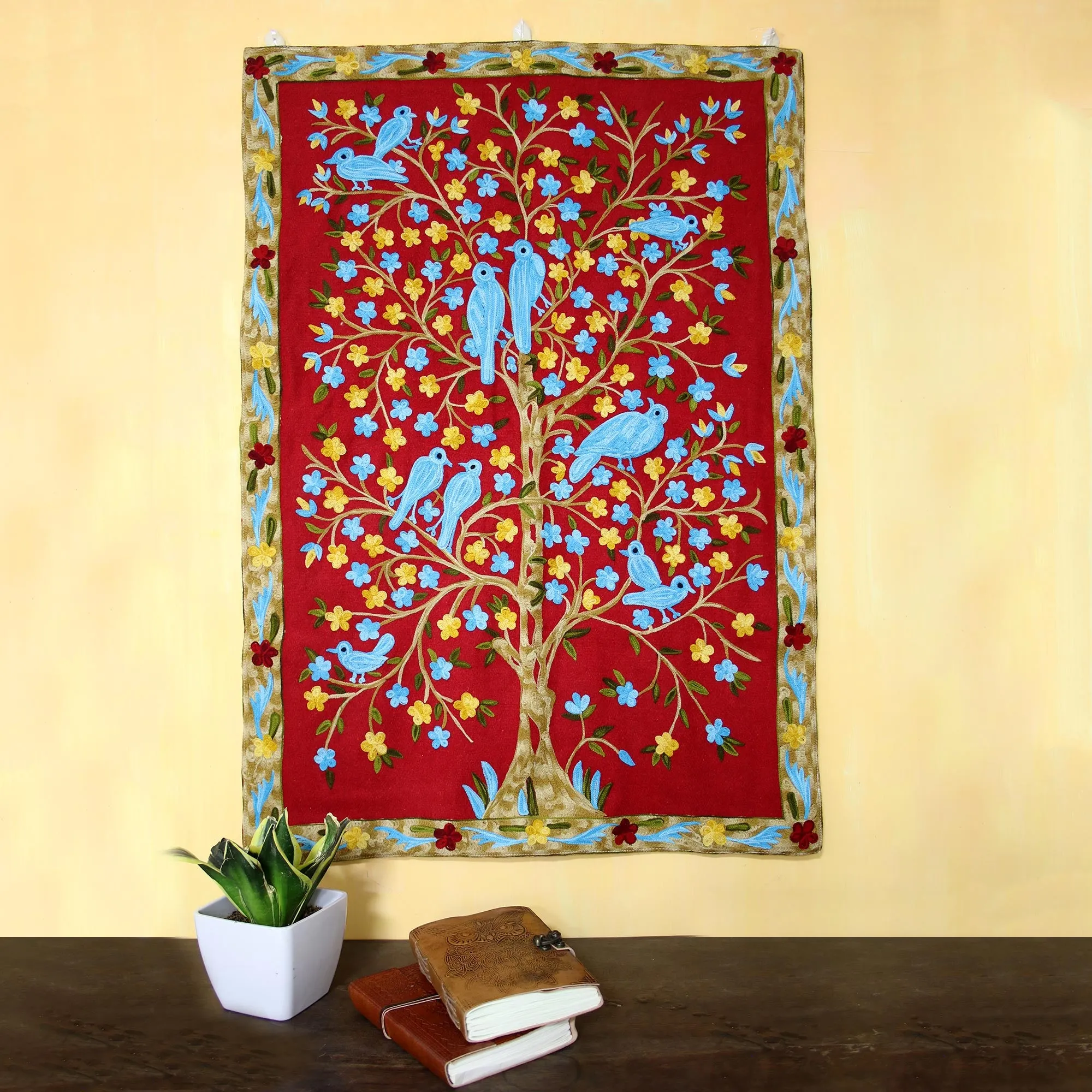 Abode of Birds II Bird-Themed Wool Chain Stitch Tapestry from India