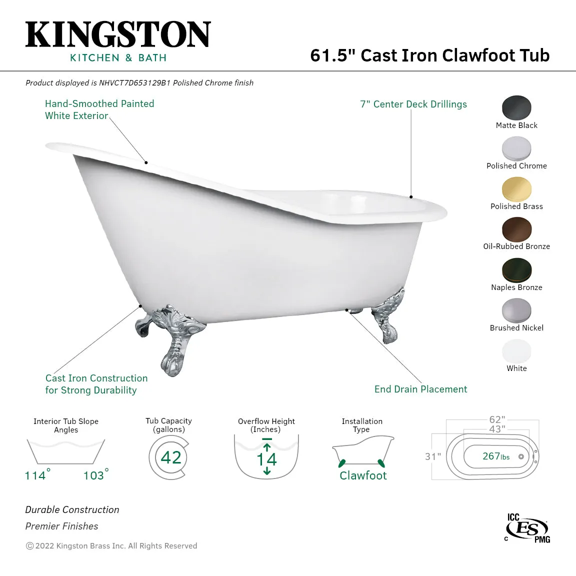 Aqua Eden NHVCT7D653129B6 61 Cast Iron Oval Single Slipper Clawfoot Tub (7 Faucet Drillings), White/Naples Bronze