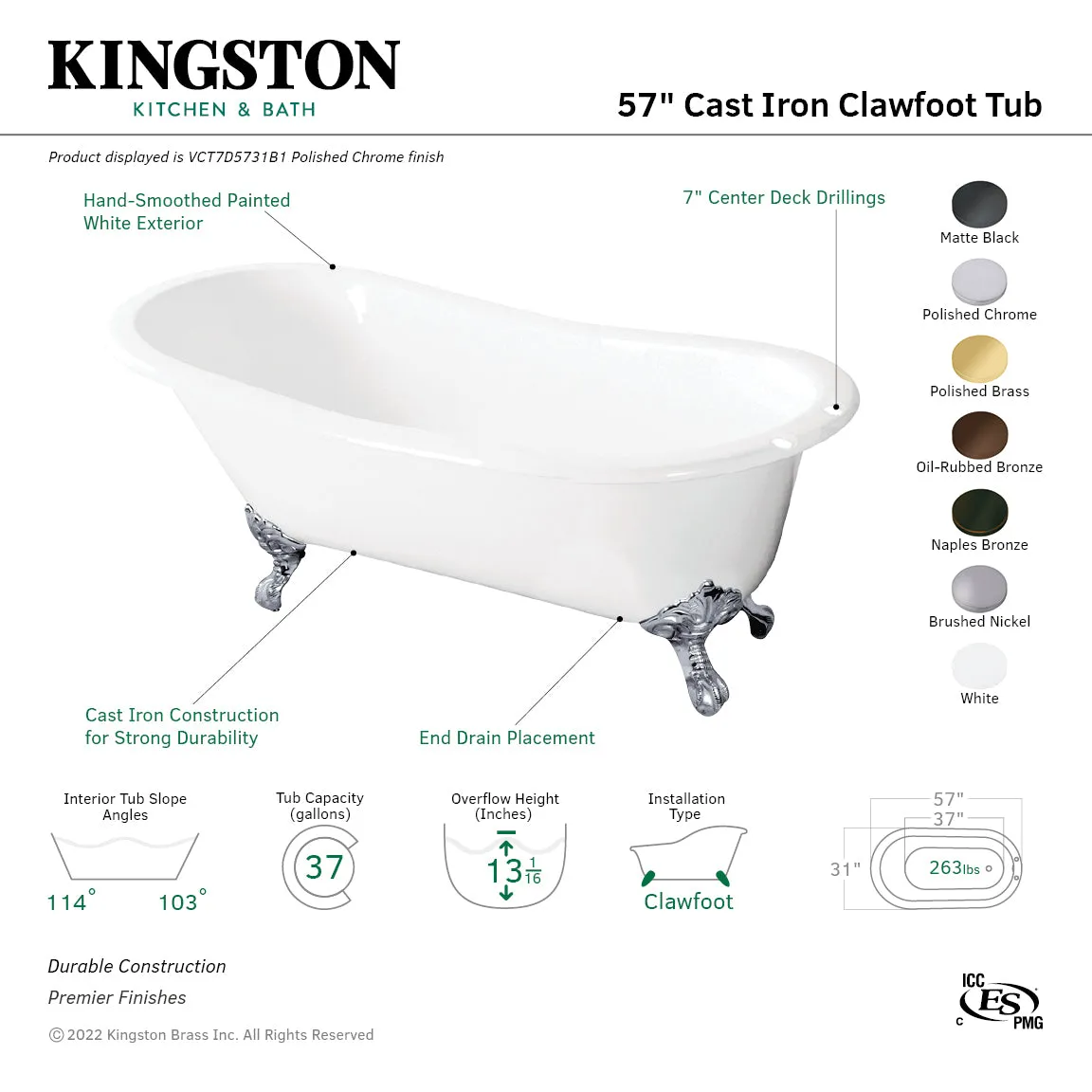 Aqua Eden VCT7D5731B6 57 Cast Iron Oval Single Slipper Clawfoot Tub (7 Faucet Drillings), White/Naples Bronze