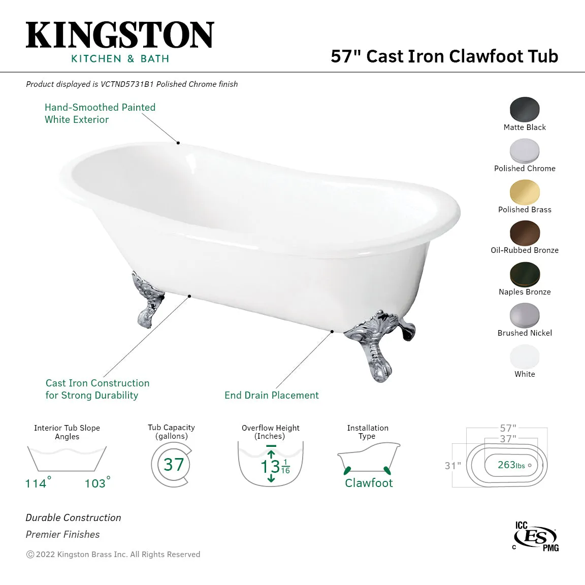 Aqua Eden VCTND5731B6 57 Cast Iron Oval Single Slipper Clawfoot Tub (No Faucet Drillings), White/Naples Bronze