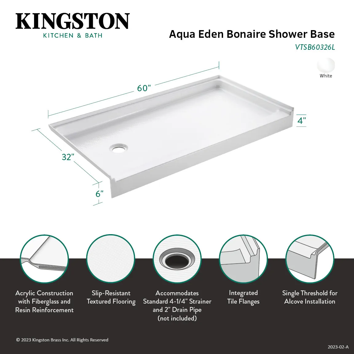 Aqua Eden VTSB60326L Bonaire 60 x 32 Anti-Skid Single Threshold Shower Base with Left Drain Hole, White