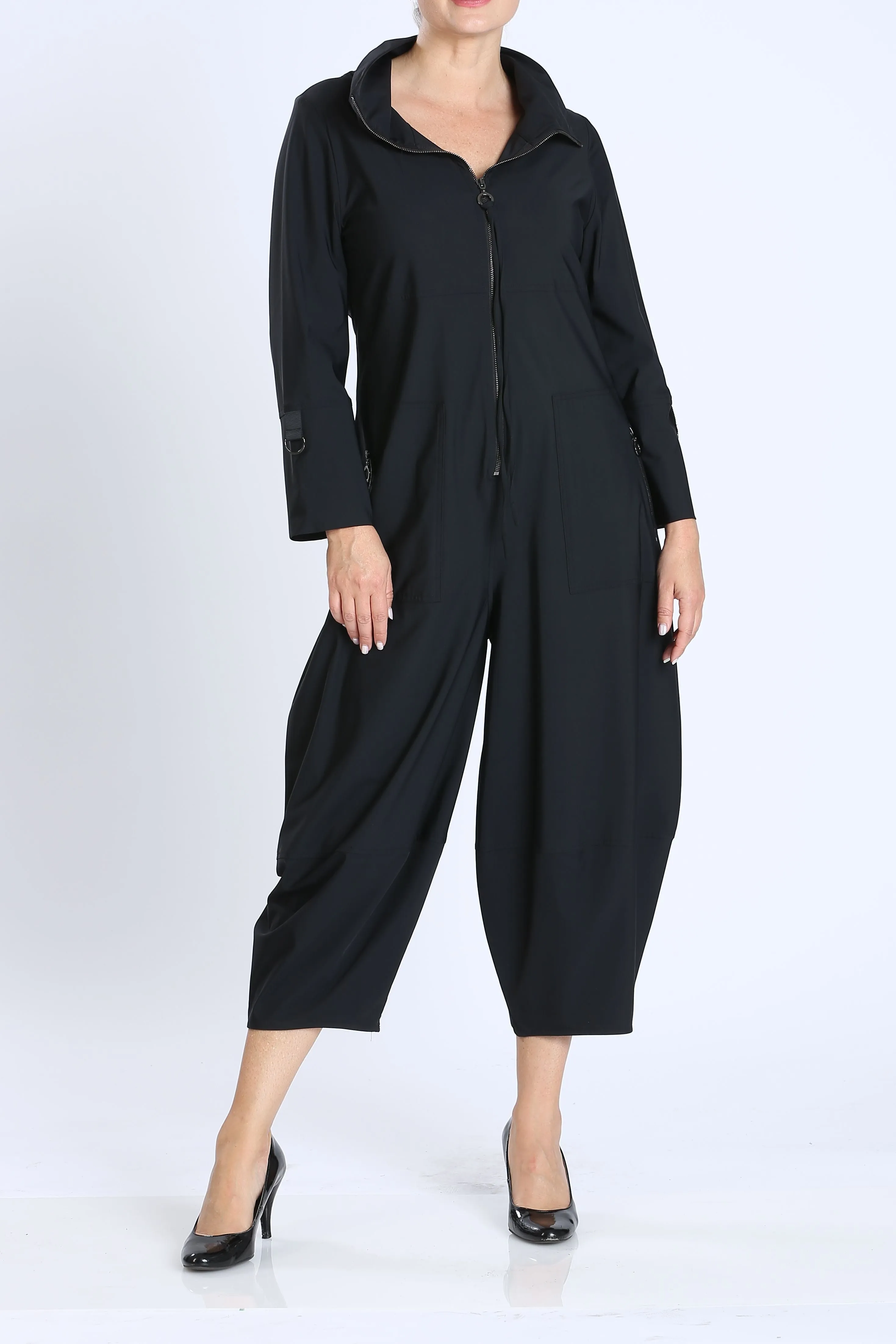 Black Zip-Up Front Cropped Long Sleeve Jumpsuit