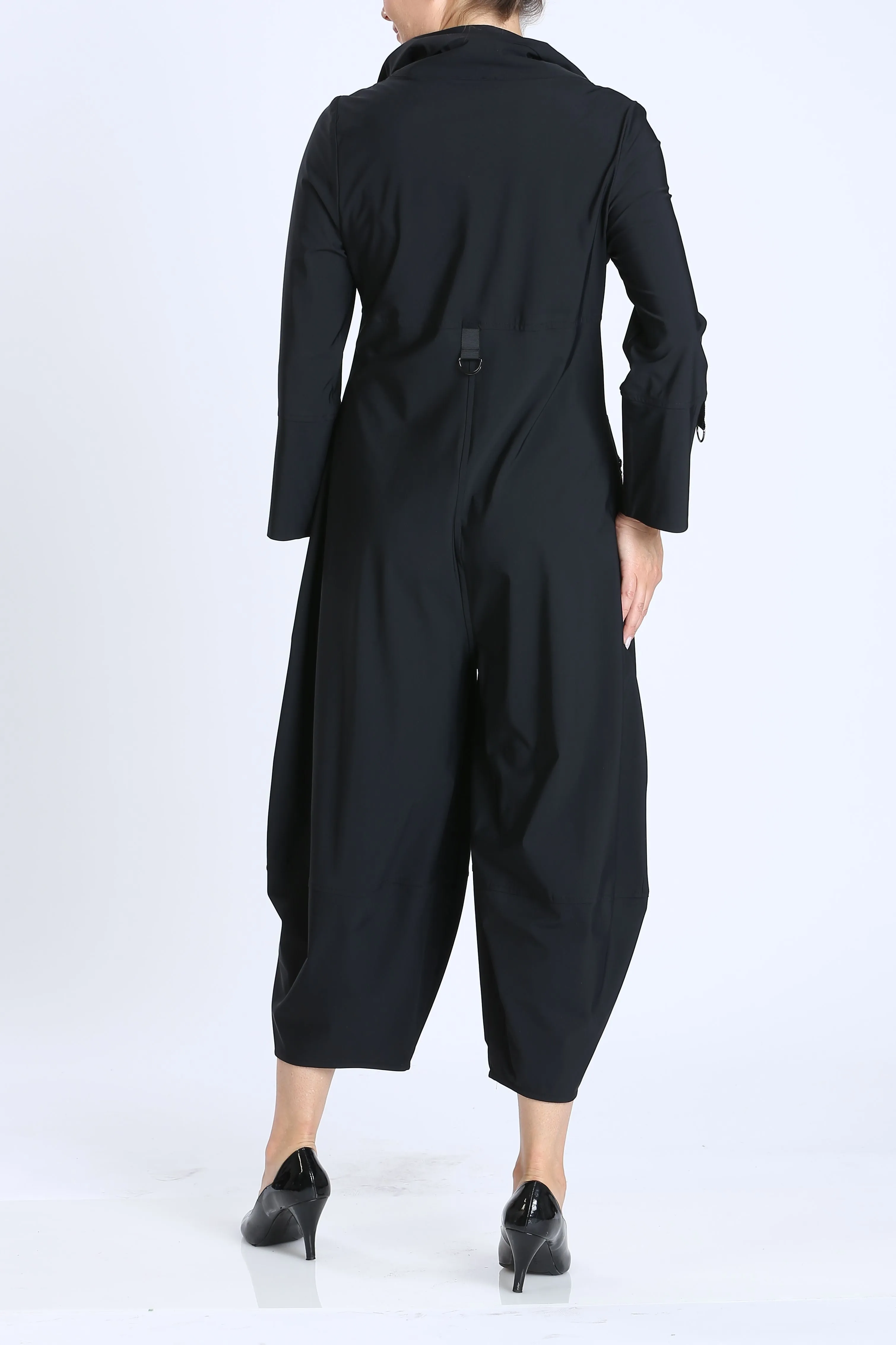 Black Zip-Up Front Cropped Long Sleeve Jumpsuit