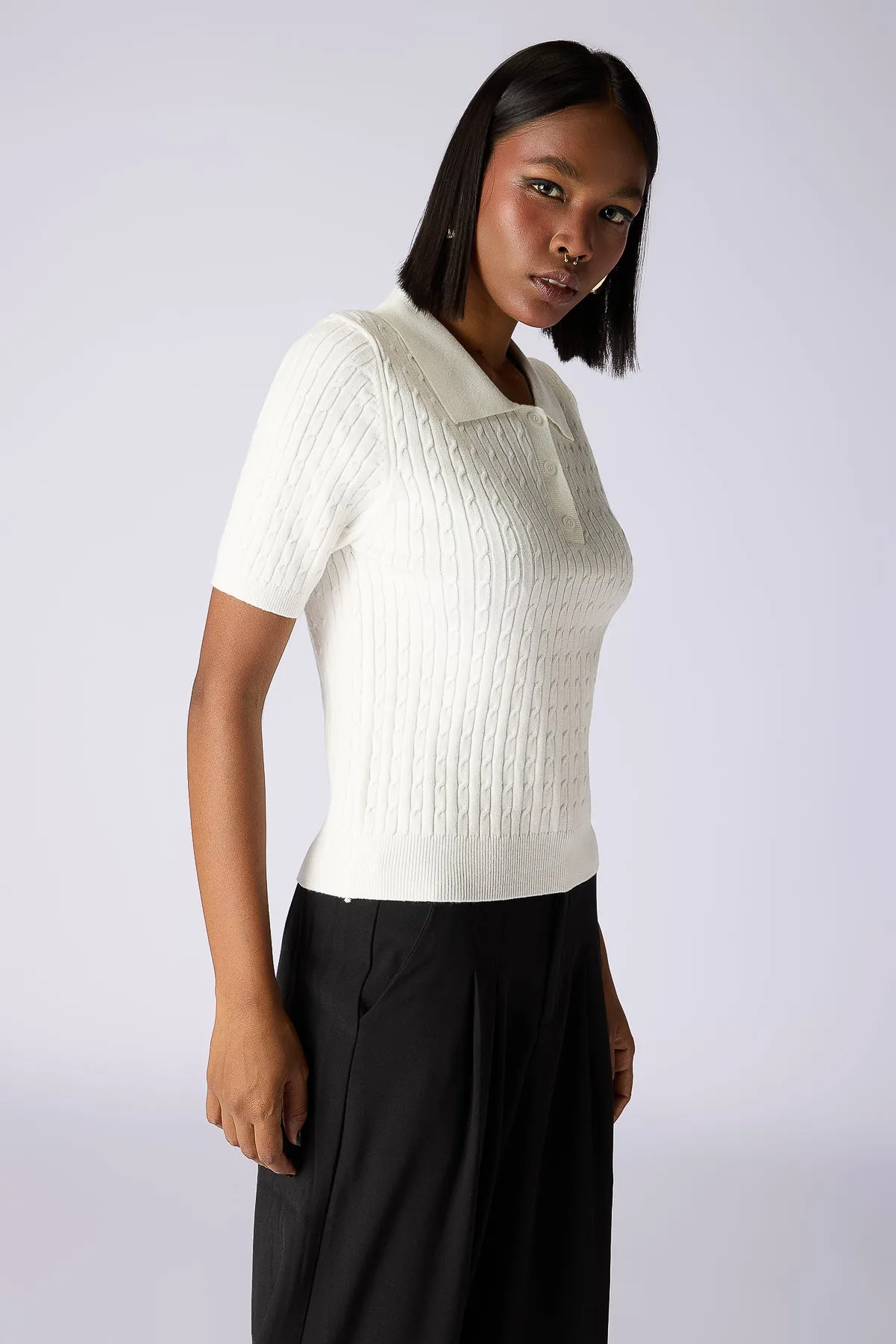 Cable-Knit Polo Top - White