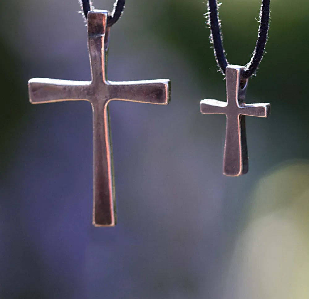 Delicate Cross Peace Bronze Pendant Necklace on Adjustable Natural Fiber Cord