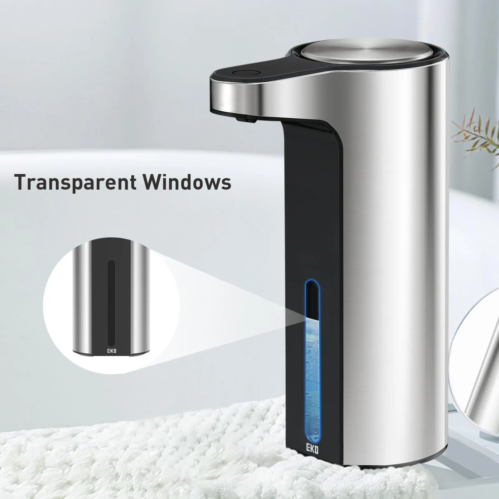 EKO Aroma Touchless Automatic Soap Dispenser for Kitchen and Bathroom, Liquid Hand Soap Dispenser, Water-Resistant and Rechargeable, 9 fl oz (Stainless)