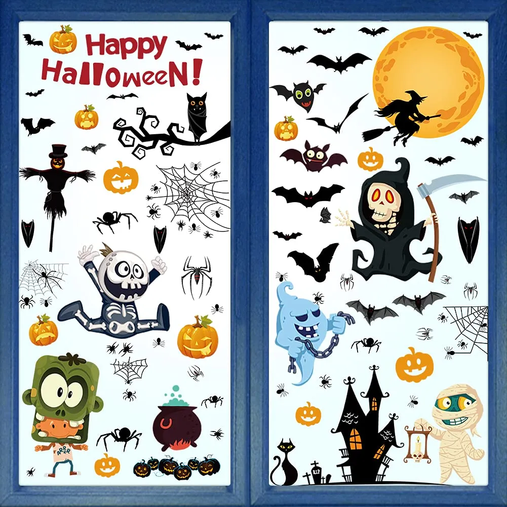 GARVEE Halloween Window Clings,163pcs Static Pumpkin Window Stickers Cute Halloween Decorations for Kids，Spider Bat Ghost Witch Window Decals for Halloween Party 10 Sheets