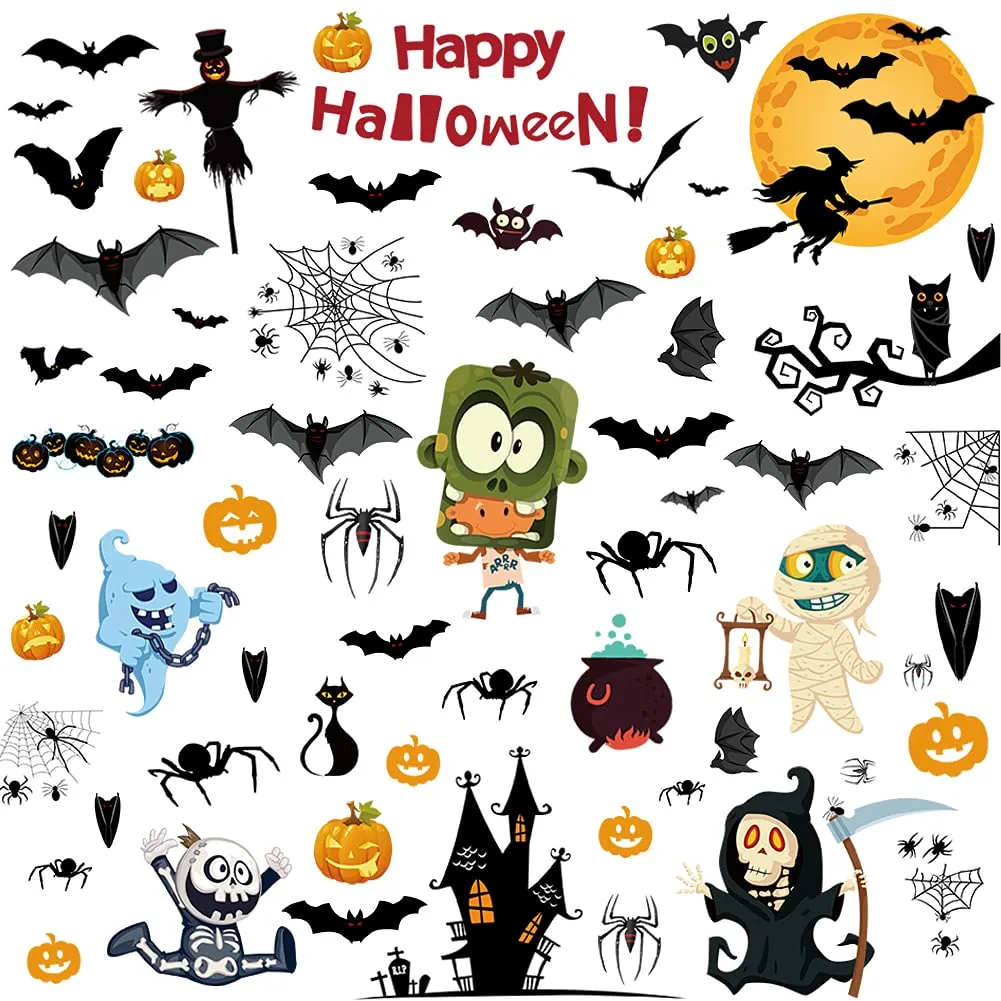 GARVEE Halloween Window Clings,163pcs Static Pumpkin Window Stickers Cute Halloween Decorations for Kids，Spider Bat Ghost Witch Window Decals for Halloween Party 10 Sheets