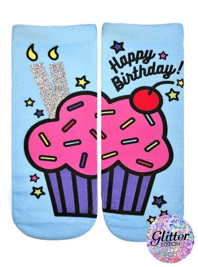 Glitter Birthday Cupcake Ankle Socks