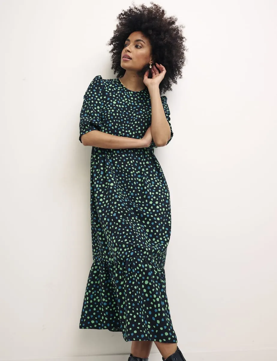 Green Spot Print Rachel Smock Midi Dress