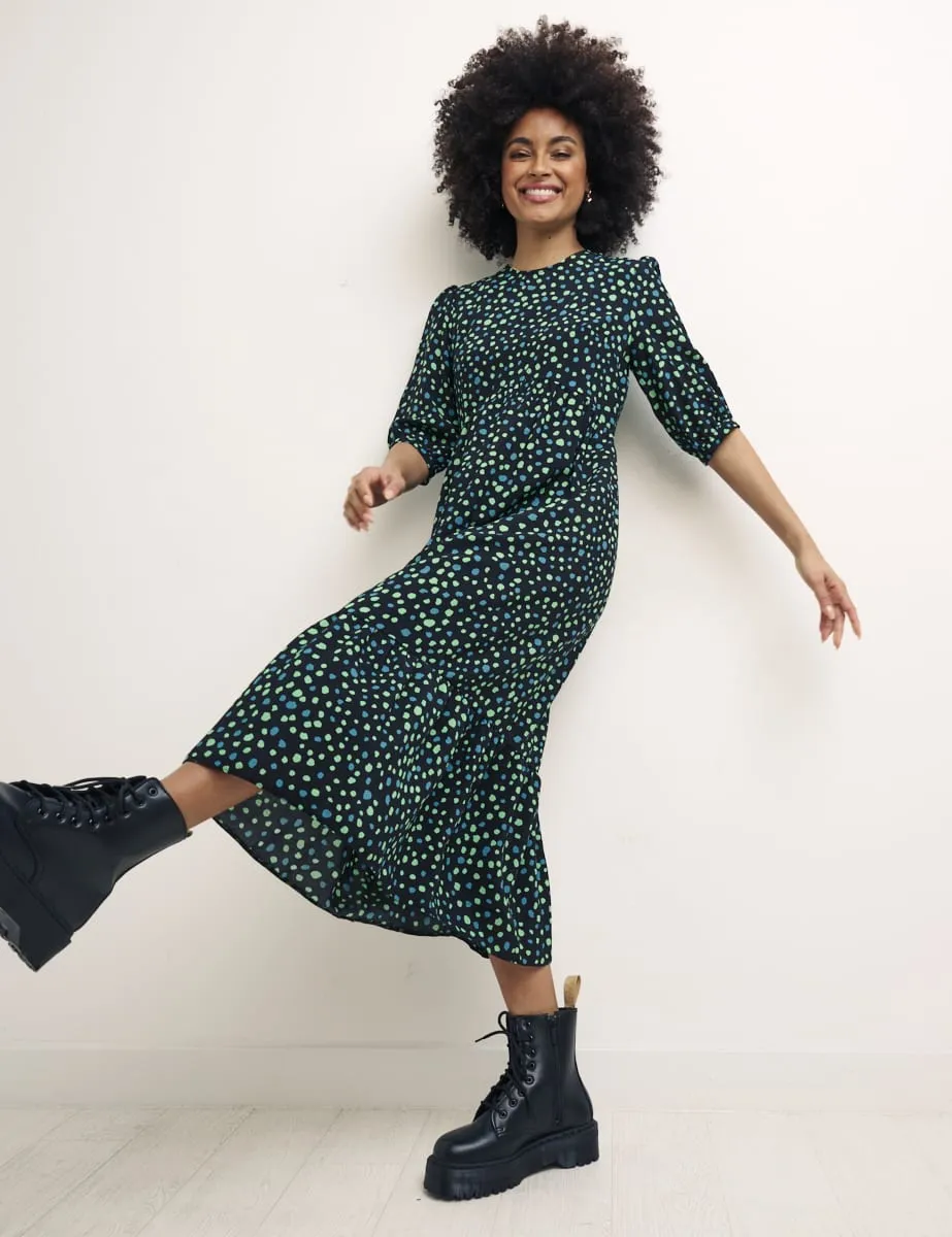 Green Spot Print Rachel Smock Midi Dress