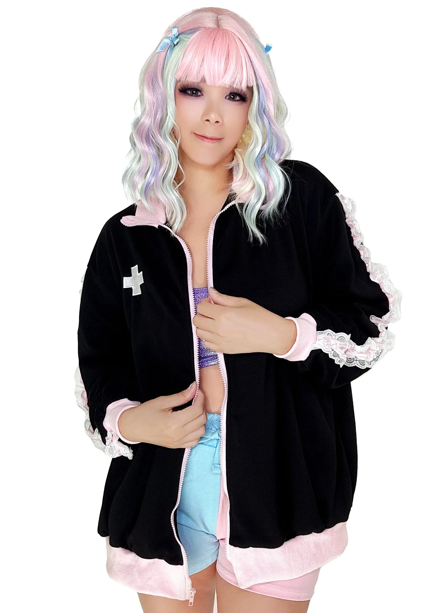 Healing Hearts Oversized Anime Zip Up Jacket in Black/Pink