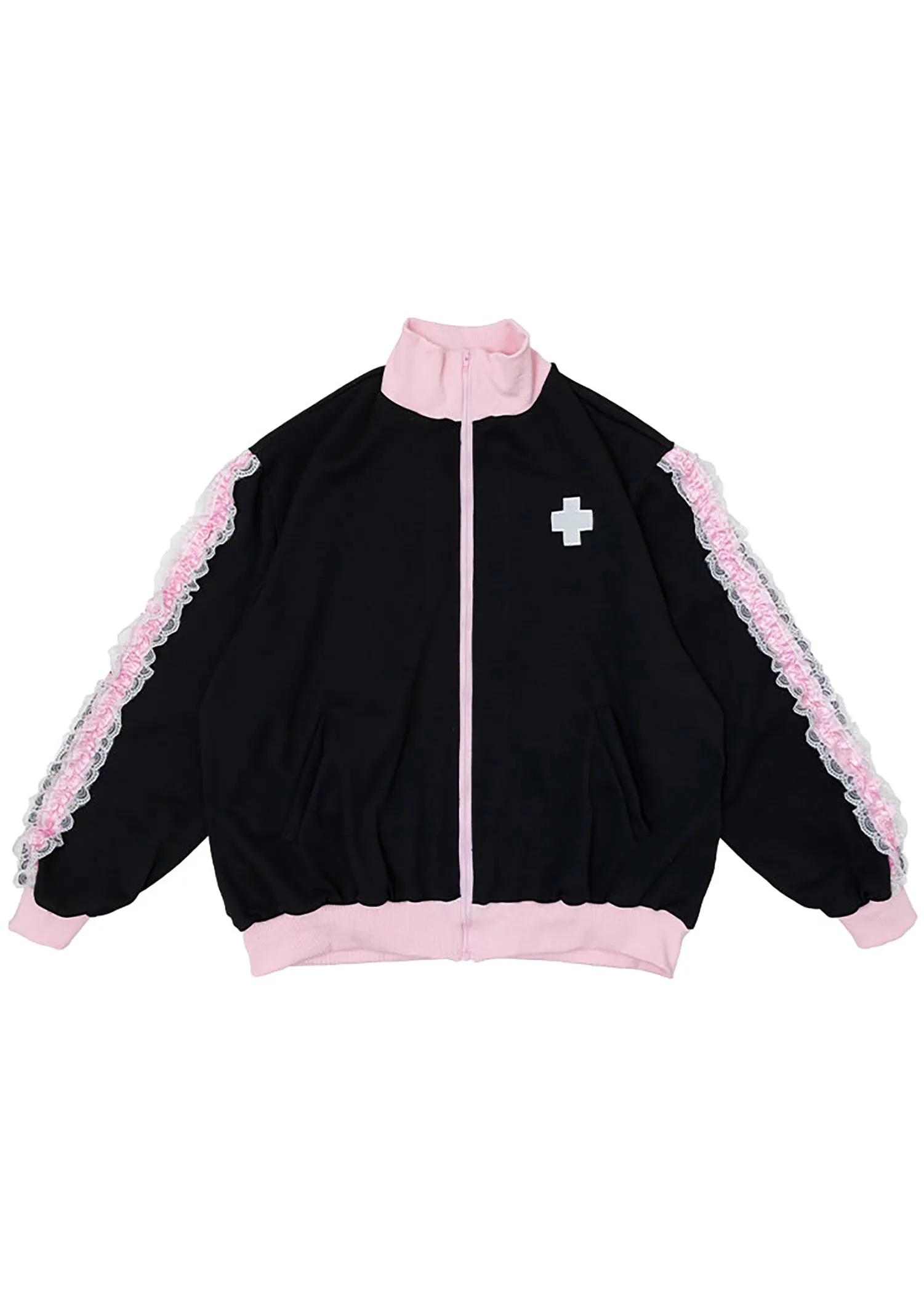 Healing Hearts Oversized Anime Zip Up Jacket in Black/Pink