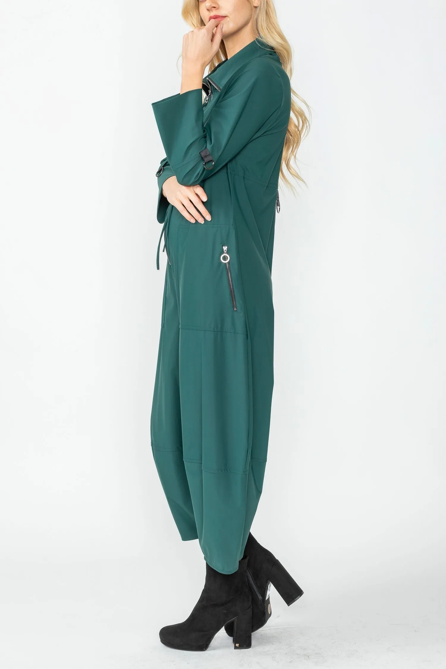 Hunter Green Zip-Up Front Cropped Long Sleeve Jumpsuit