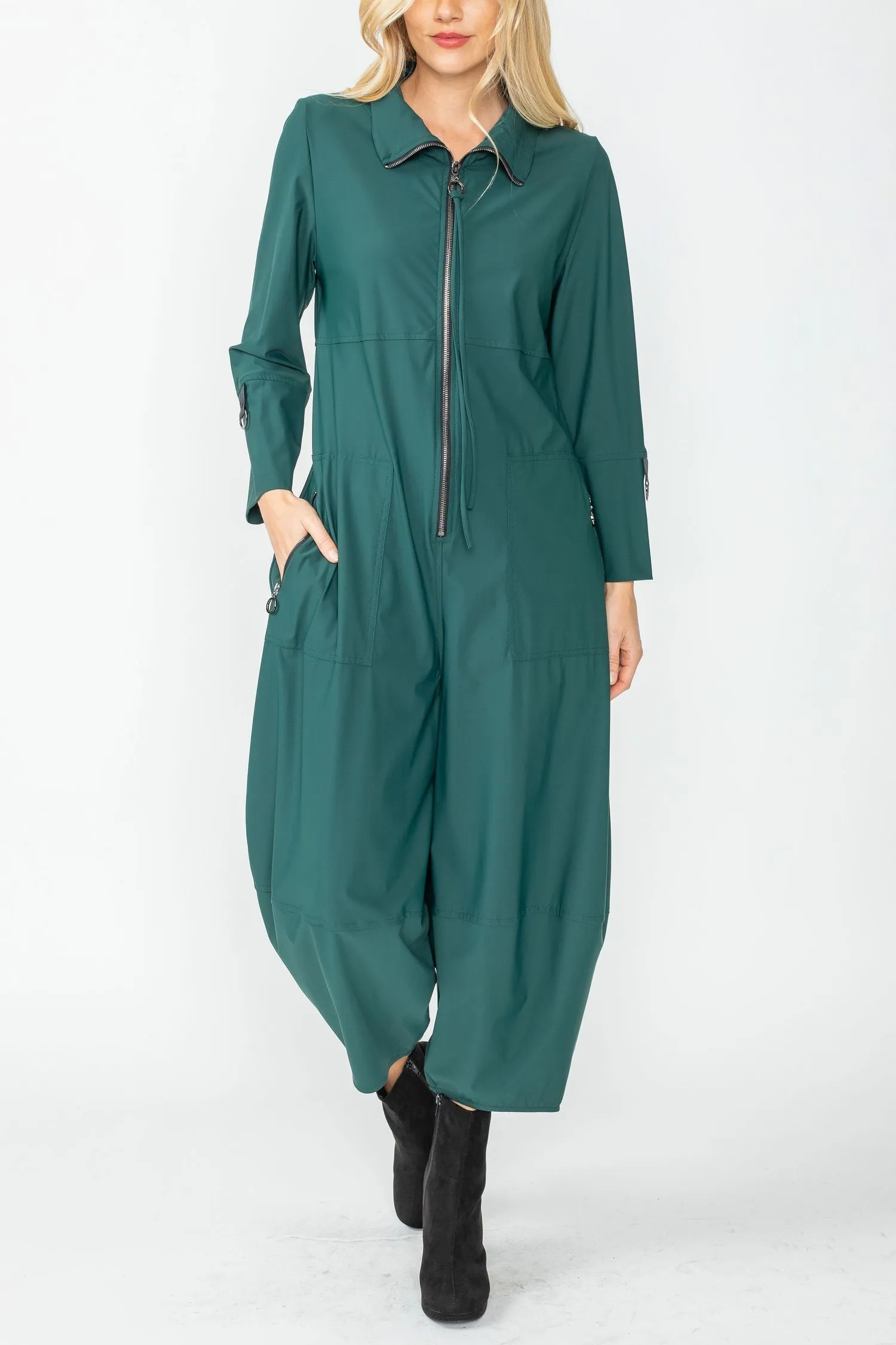 Hunter Green Zip-Up Front Cropped Long Sleeve Jumpsuit