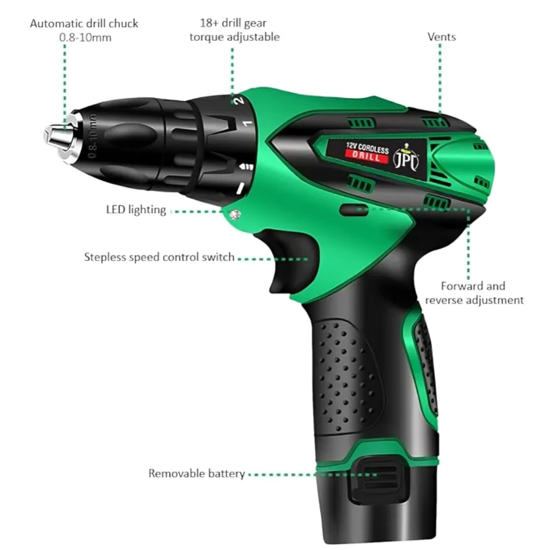 JPT 12V Cordless Screwdriver / Drill Machine | 24 Nm Torque Power | 0-600 RPM Speed | 3/8" Keyless Chuck | 2-in-1 Mode | LED Light | Forward & Reverse | 1.5Ah Battery | Fast Charger ( RENEWED )