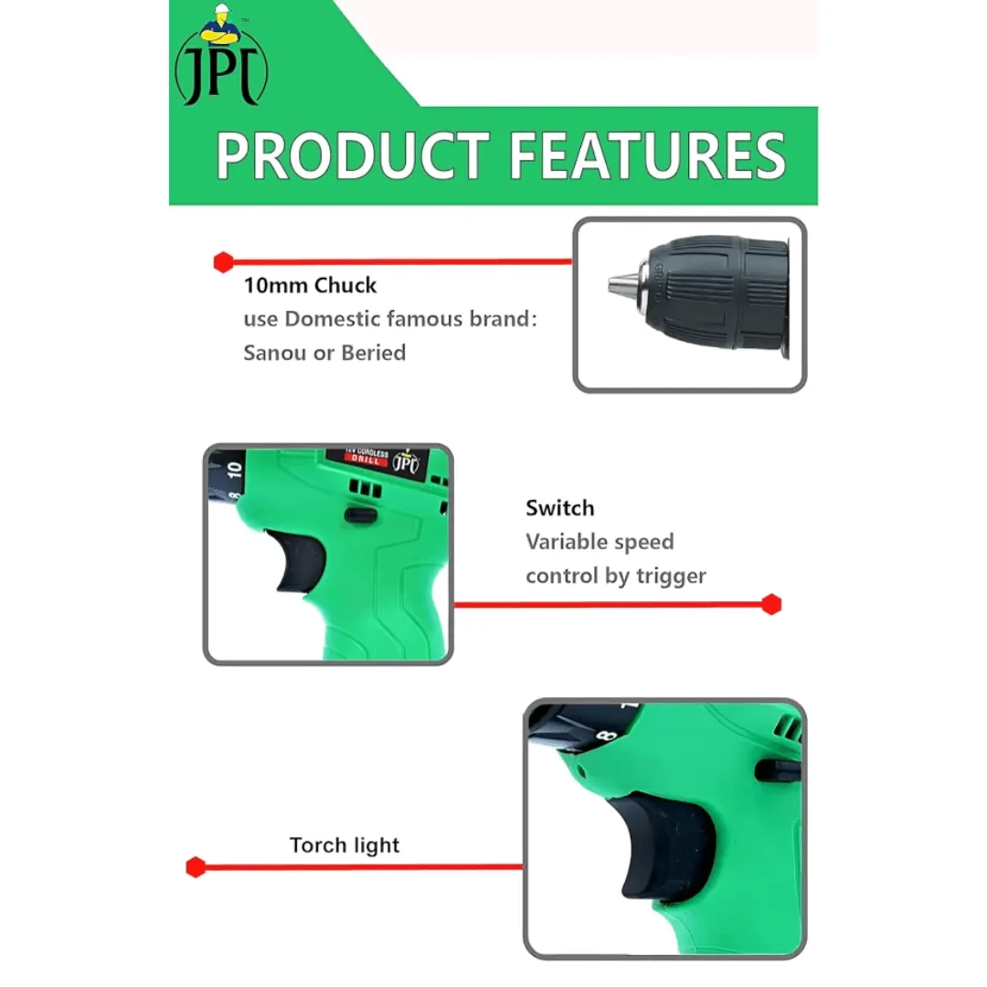 JPT 12V Cordless Screwdriver / Drill Machine | 24 Nm Torque Power | 0-600 RPM Speed | 3/8" Keyless Chuck | 2-in-1 Mode | LED Light | Forward & Reverse | 1.5Ah Battery | Fast Charger ( RENEWED )