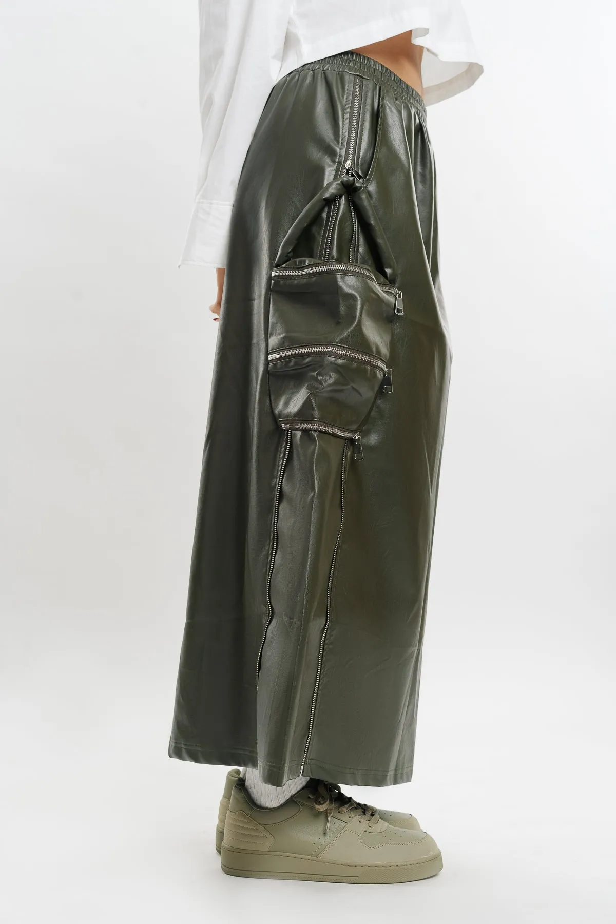 Leather Cargo Long Skirt