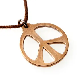 Medium Peace Symbol Peace Bronze Necklace on Adjustable Natural Fiber Cord