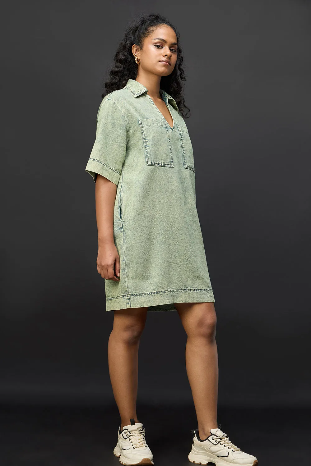 Ocean Green Denim Boxy Shirt Dress