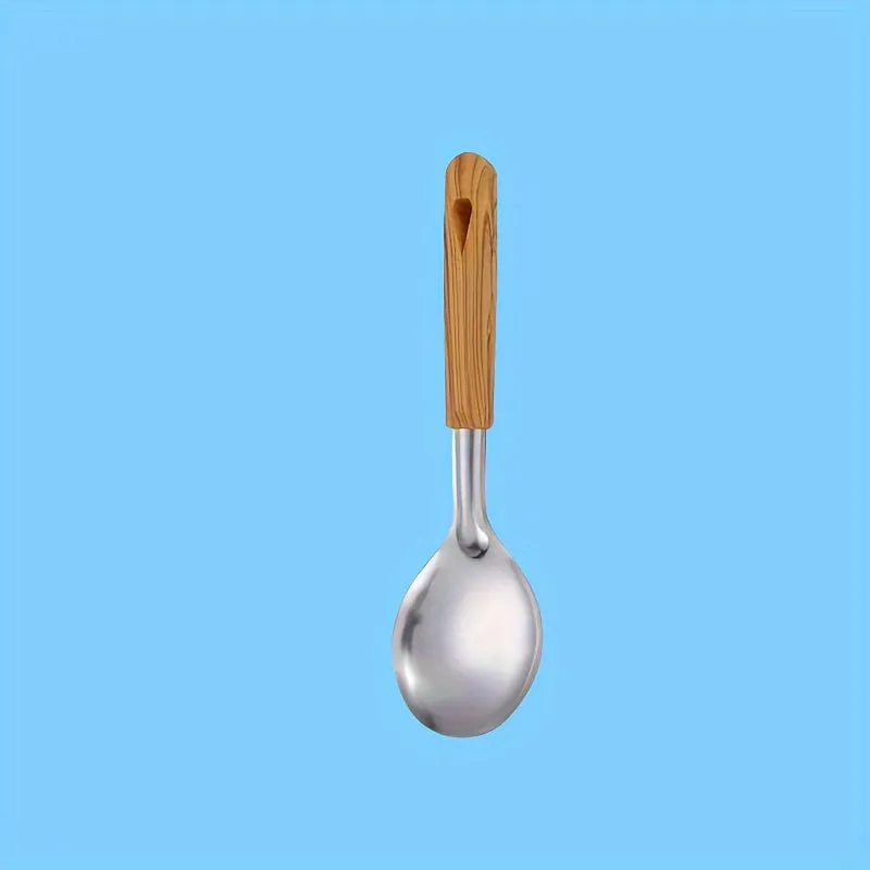 Premium Stainless Steel Kitchen Utensil with Wooden Handle - Durable, Easy-Clean Cooking Spoon & Spatula Set for Non-Stick Cookware, Perfect for Rice, Soup, and Frying - Essential Kitchen Tools for Home and Restaurant Use