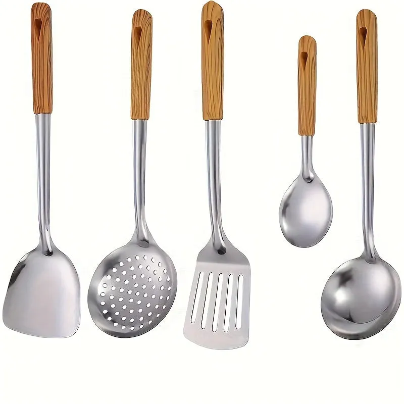 Premium Stainless Steel Kitchen Utensil with Wooden Handle - Durable, Easy-Clean Cooking Spoon & Spatula Set for Non-Stick Cookware, Perfect for Rice, Soup, and Frying - Essential Kitchen Tools for Home and Restaurant Use