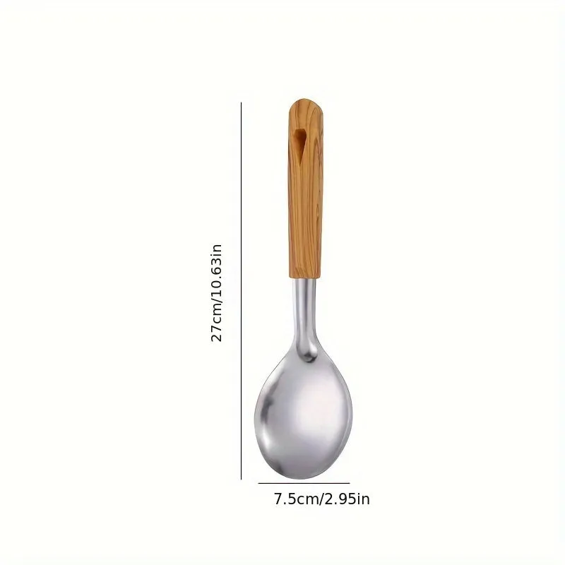 Premium Stainless Steel Kitchen Utensil with Wooden Handle - Durable, Easy-Clean Cooking Spoon & Spatula Set for Non-Stick Cookware, Perfect for Rice, Soup, and Frying - Essential Kitchen Tools for Home and Restaurant Use