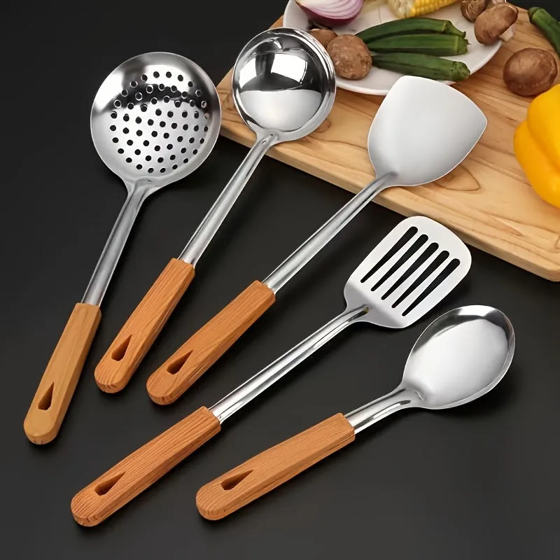 Premium Stainless Steel Kitchen Utensil with Wooden Handle - Durable, Easy-Clean Cooking Spoon & Spatula Set for Non-Stick Cookware, Perfect for Rice, Soup, and Frying - Essential Kitchen Tools for Home and Restaurant Use