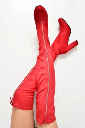 Red Faux Suede Zip Front Over The Knee Boots - Vienna