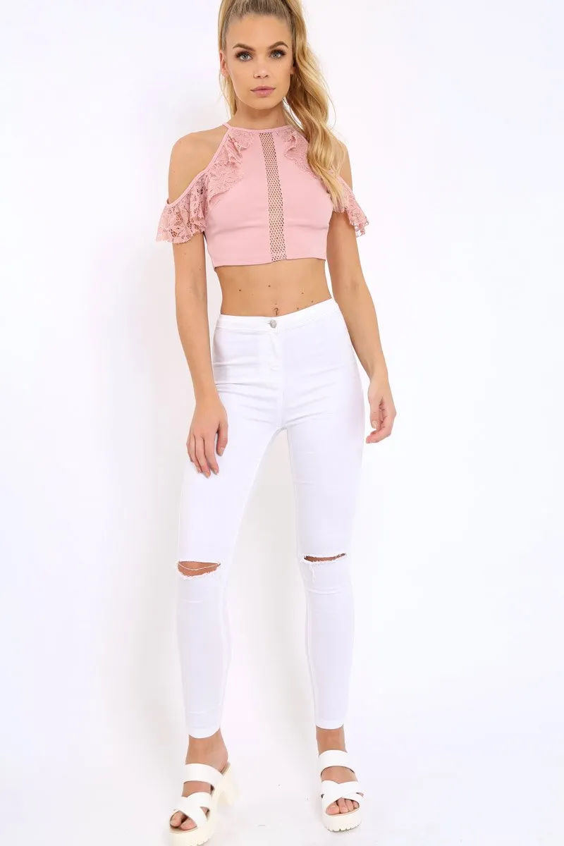 Rose Halter Neck Frill Cold Shoulder Crop Top - Carlie