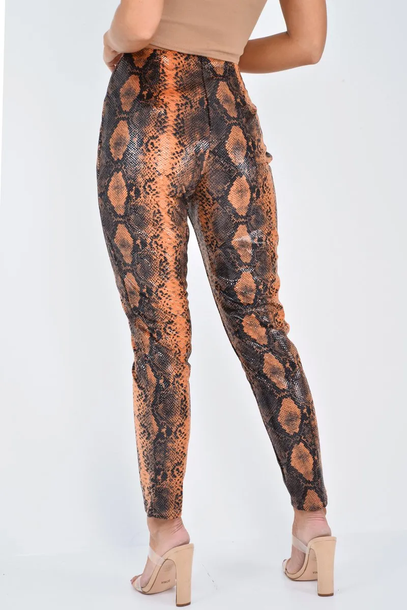 Rust Snake Coated Zip Front Trousers - Destynie