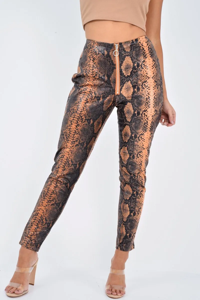 Rust Snake Coated Zip Front Trousers - Destynie