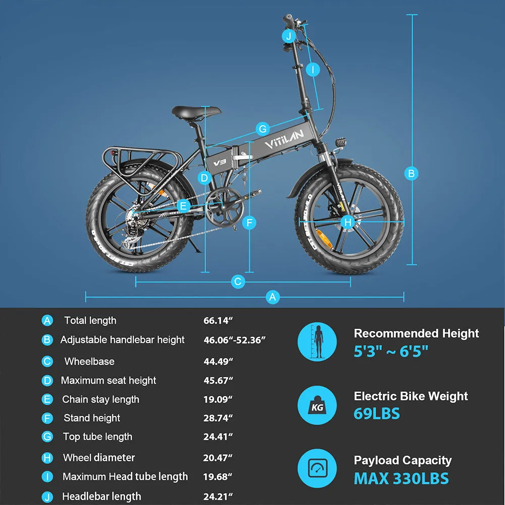 Vitilan V3 Electric Folding Bike 20 Fat Tires 750W Brushless Motor 48V 13Ah Battery