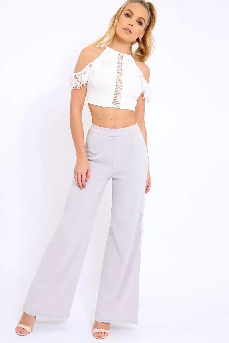 White Halter Neck Frill Cold Shoulder Crop Top - Carlie