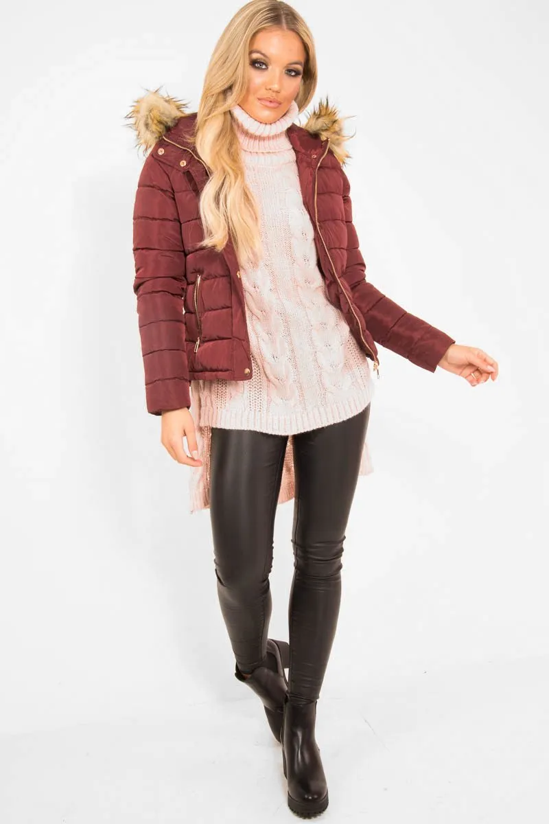 Wine Padded Coat with Fur Trim Hood - Helena