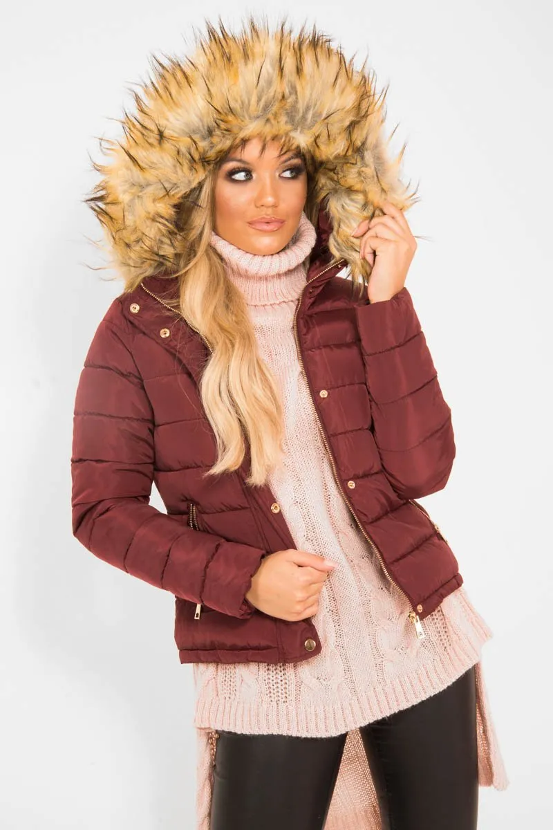 Wine Padded Coat with Fur Trim Hood - Helena