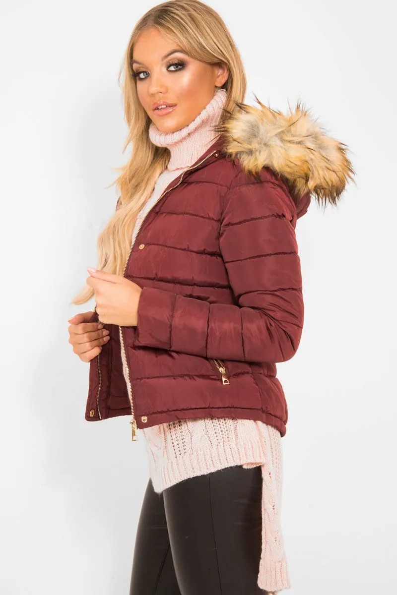 Wine Padded Coat with Fur Trim Hood - Helena