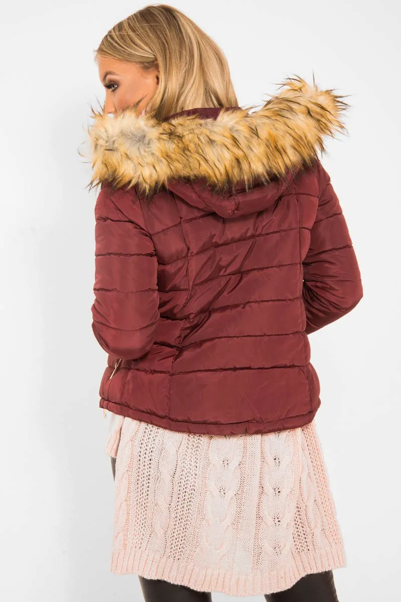 Wine Padded Coat with Fur Trim Hood - Helena